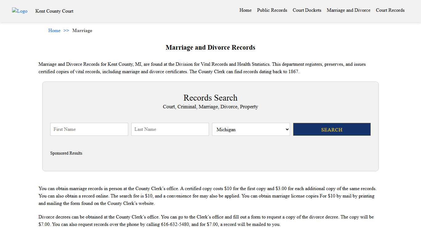Marriage and Divorce Records Kent County Court MI